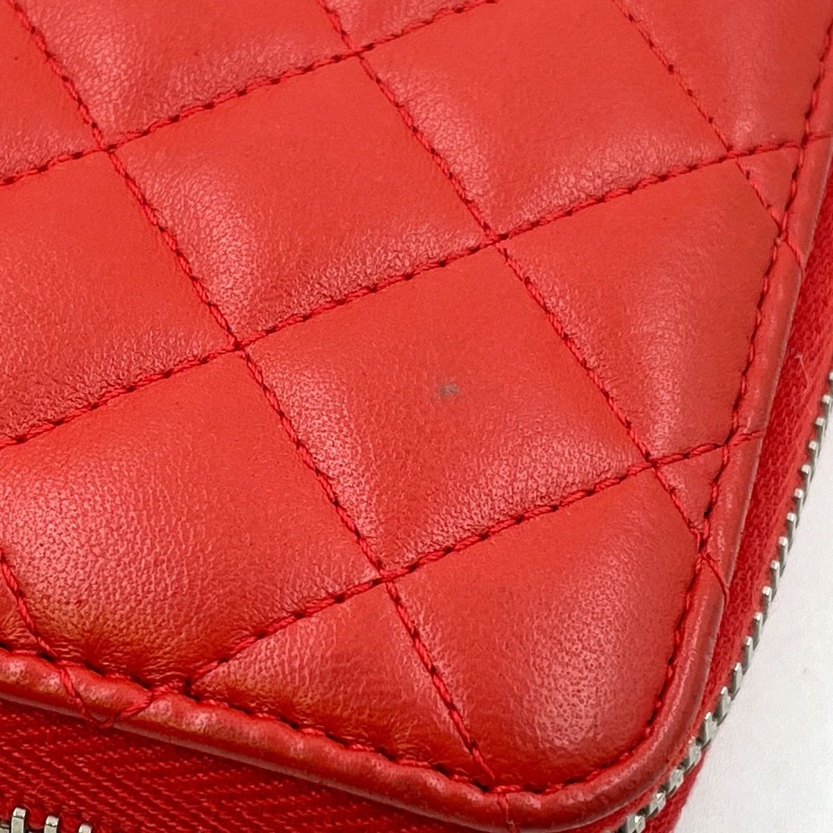 Chanel CC Logo Quilted Zip Around Lambskin Red Wallet Silver — view 7