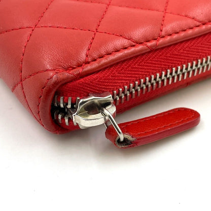 Chanel CC Logo Quilted Zip Around Lambskin Red Wallet Silver — view 9