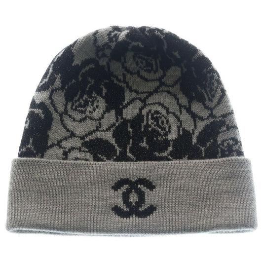 Chanel Camellia CC Logo Cashmere Blend Wool Knit Bikini Cap Hat Gray Black