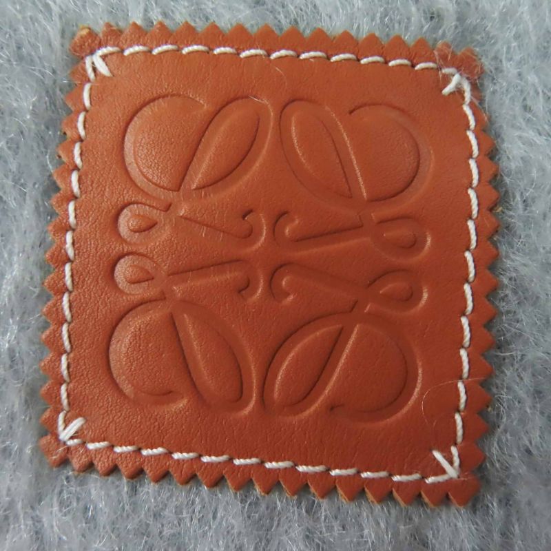 LOEWE Mohair Wool Anagram Leather Patch Fringed Scarf Light Gray Made In Spain