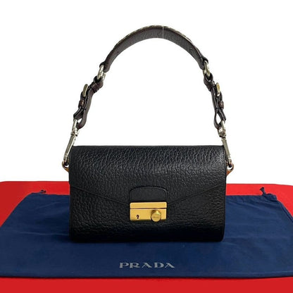 Prada Logo Hardware Leather Tweed Semi One Shoulder Bag Mini