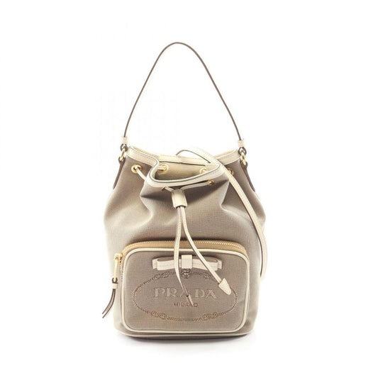 Prada Handbag Logo Jacquard Beige White Canvas Leather Bucket Bag