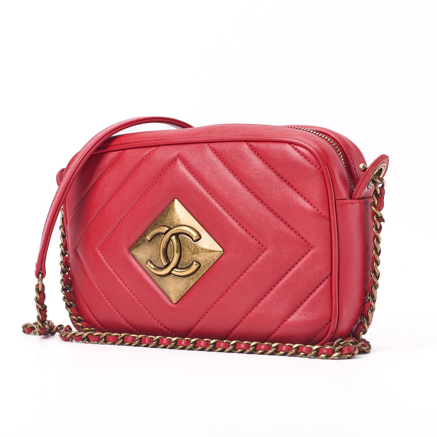 Chanel Diamond Stitching Coco Mark Chain Shoulder Lambskin Red With Gold
