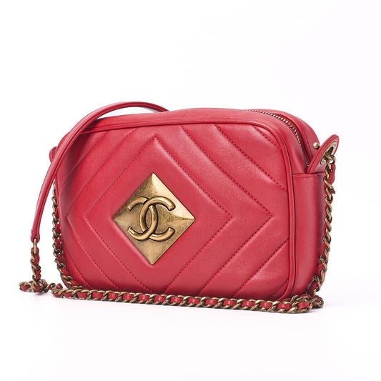 Chanel Diamond Stitching Coco Mark Chain Shoulder Lambskin Red With Gold