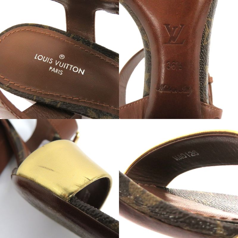 Louis Vuitton Monogram Ankle Strap Heel Sandals Brown Gold 36 1 2
