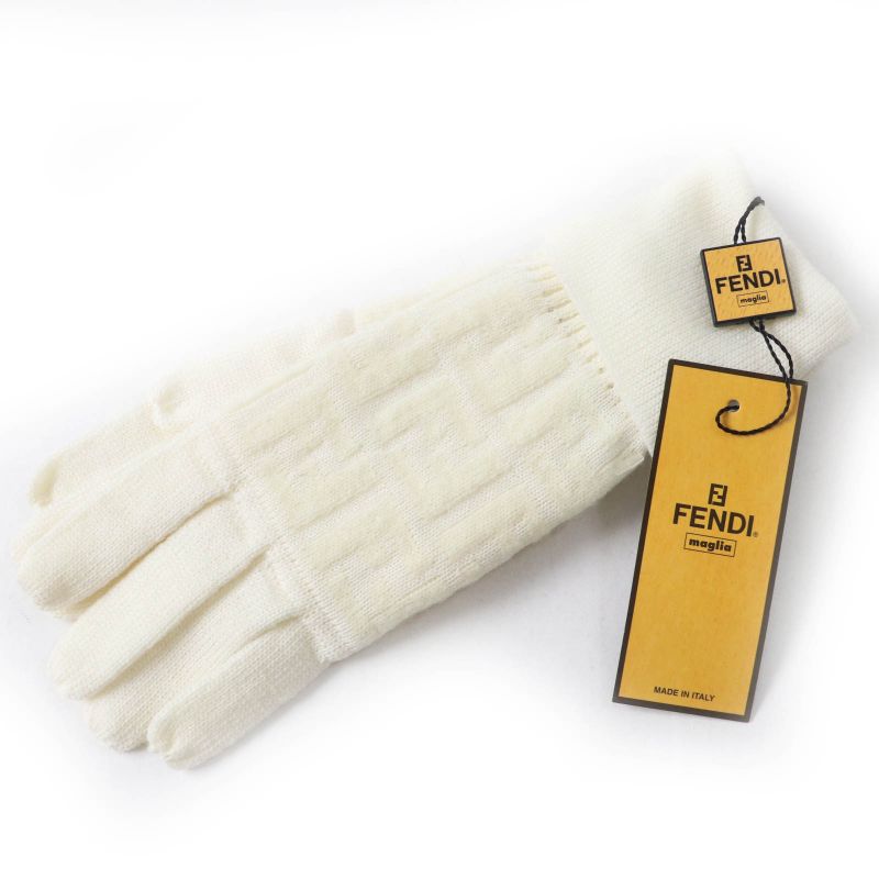 Fendi 00018401 Wool Zucca Pattern Knit Gloves/ Gloves Ivory 42 Made In Italy