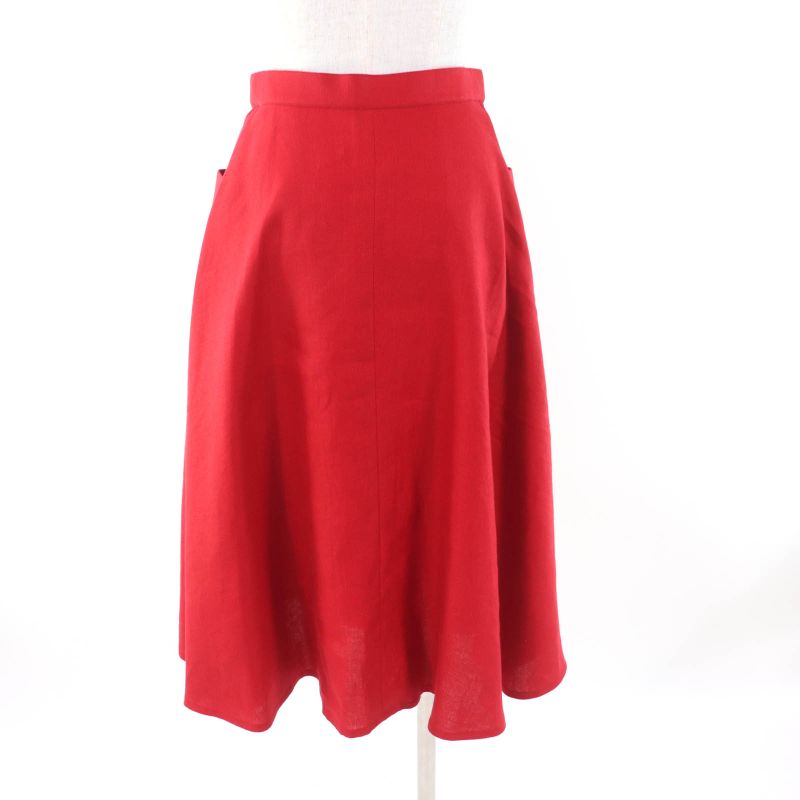 Hermes 100% Linen Front Button Flared Skirt With Caleche Embroidery Red 38 Made