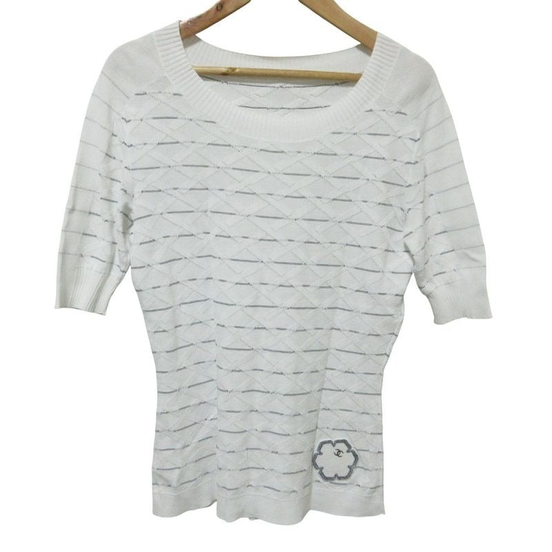Chanel Jacquard Check Half Sleeve Knit Sweater White
