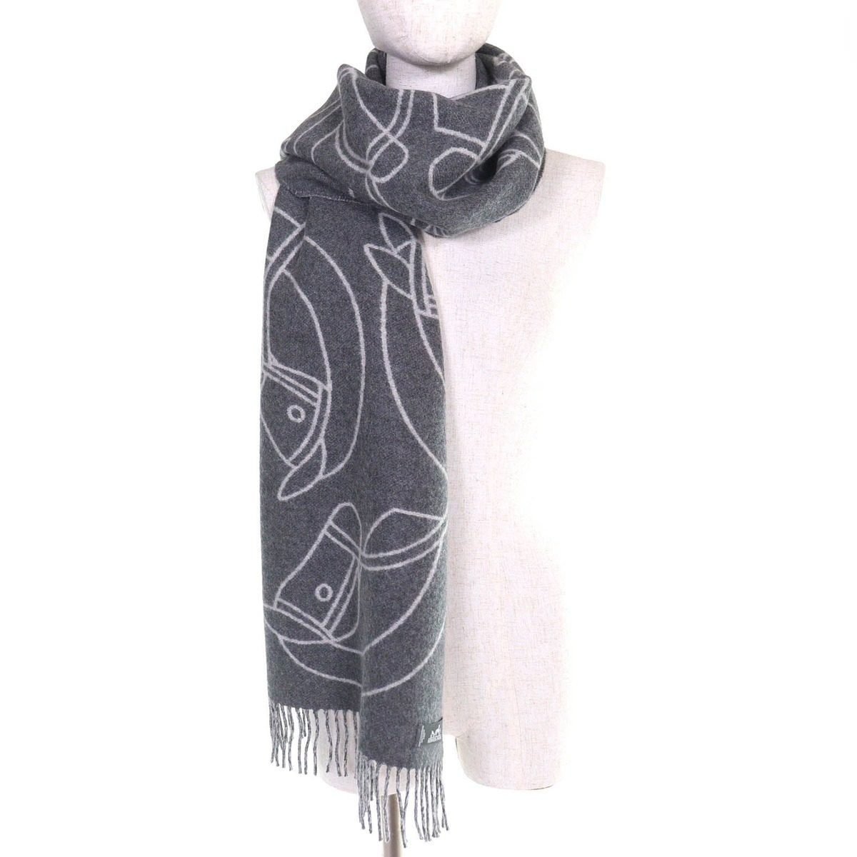 Hermes Entrelac Equestre Scarf Cashmere Horse Fringe Bicolor Gray — view 3