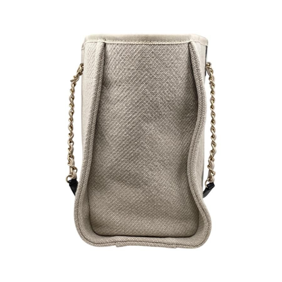 Chanel Tote Bag Deauville MM A67001 Canvas Chain Logo Beige Black Gold Hardware