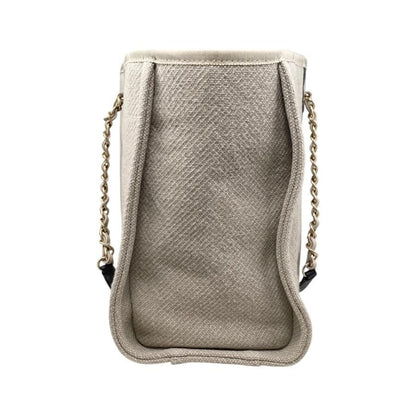 Chanel Tote Bag Deauville MM A67001 Canvas Chain Logo Beige Black Gold Hardware