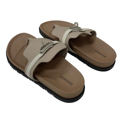 Hermes Empeel Sandals Shoes Leather Brown White Unused Kelly Hardware Mule Flat