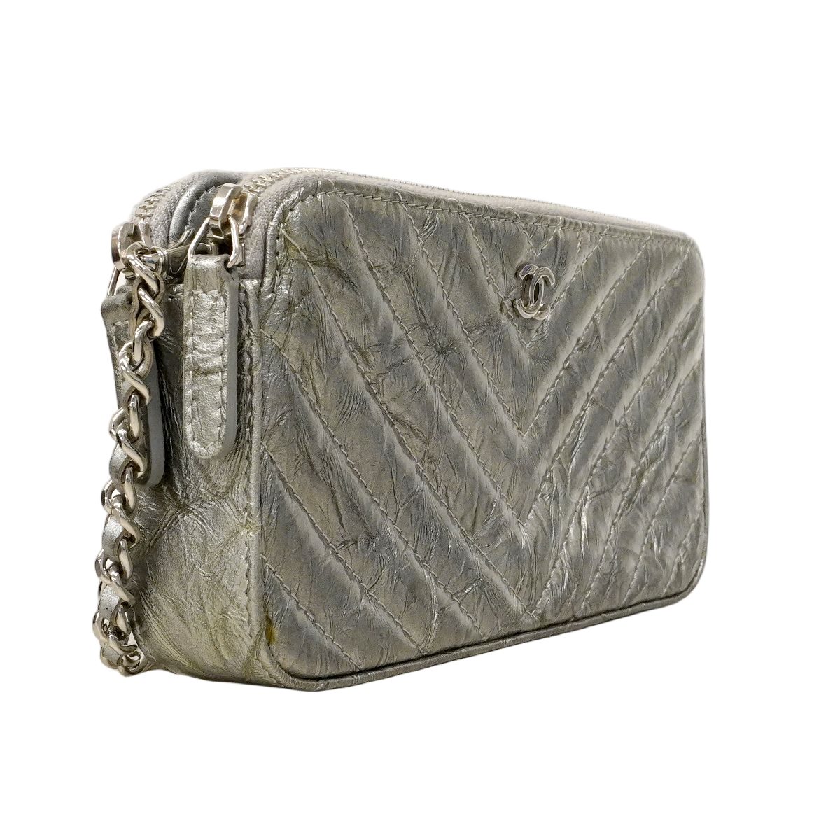 Chanel Shoulder Wallet Stitch Chez Blanc Coating Leather Silver — view 2