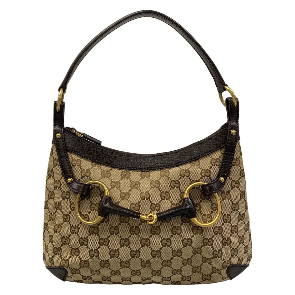 Gucci Handbag Horsebit GG Pattern Dark Brown Beige Leather