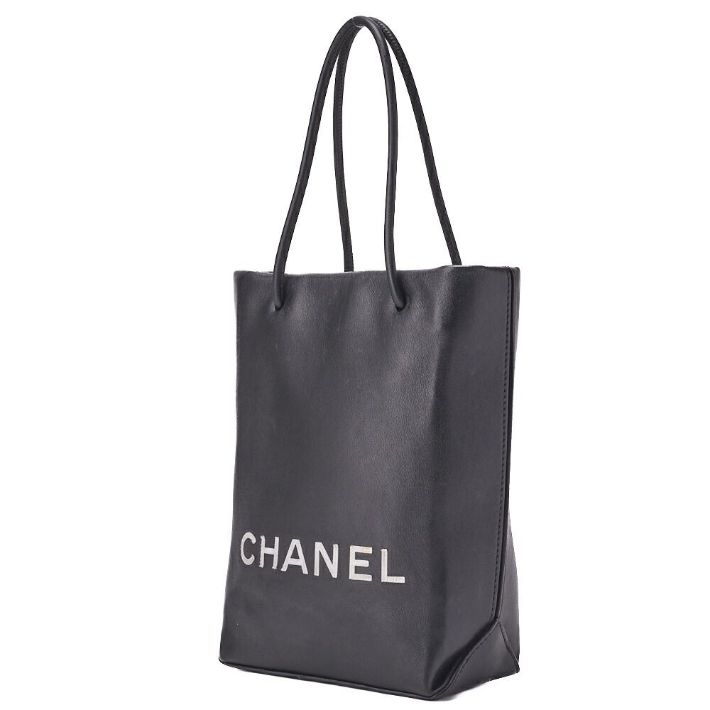 Chanel Mini Tote Bag Essential Logo Mark Lambskin Black Silver Hardware Charm
