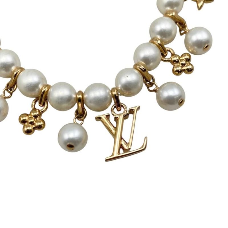 Louis Vuitton Bracelet Pearl River M1685a Monogram Flower LV Logo White Gold