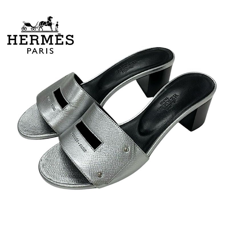 Hermes Very Sandals Shoes Leather Silver Kelly Clasp Mules