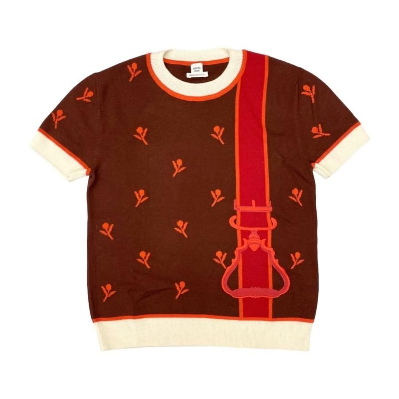 Hermes Short Sleeve Sweater Ettelier Embroidery Knit H4 E2624 D Size