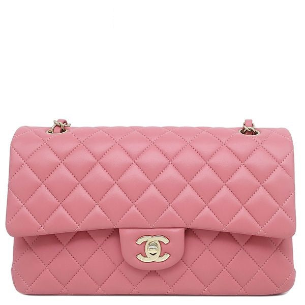 Chanel Shoulder Bag Quilted 25 Chain Lambskin Pink Gold CC Logo Double Flap