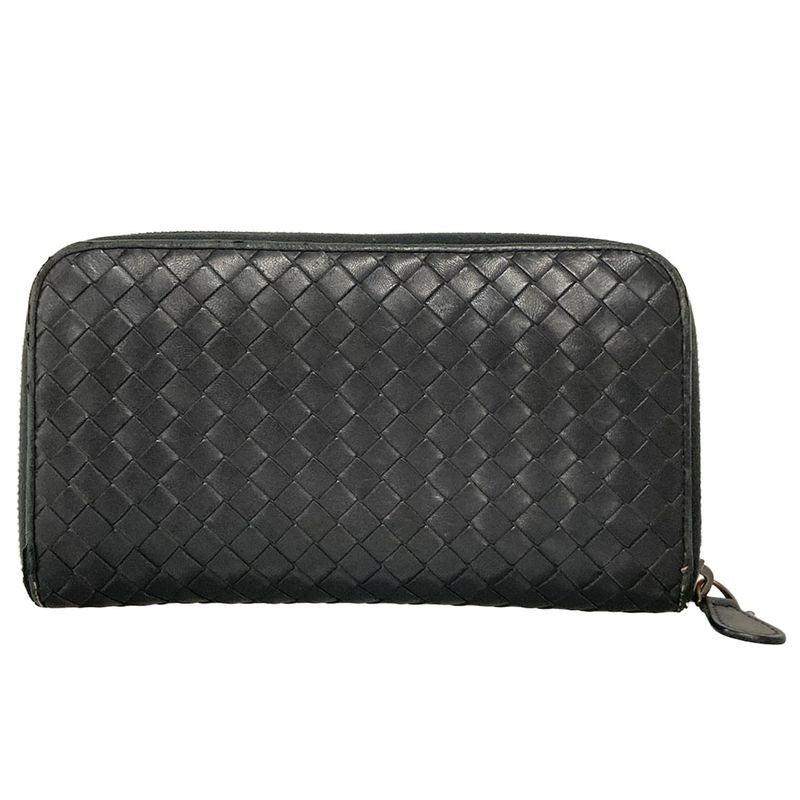 Bottega Veneta Long Zip Around Wallet 114076 Black Braided/round Zipper Leather
