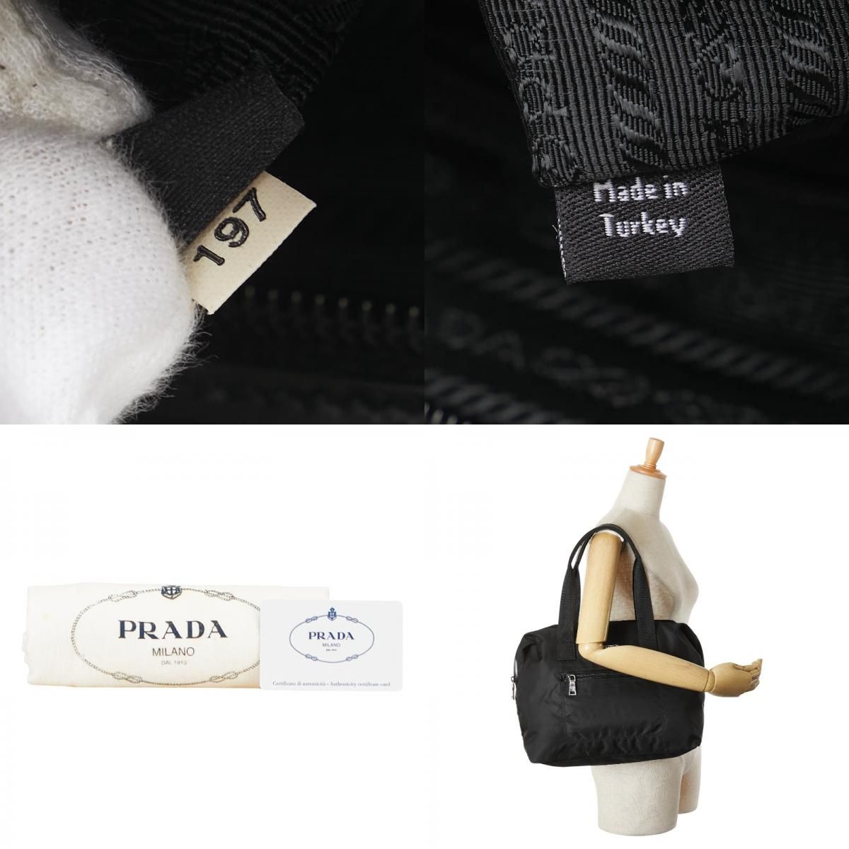 Prada Triangle Logo Plate Handbag Tote Bag Vr4377 Black Nylon Leather Women