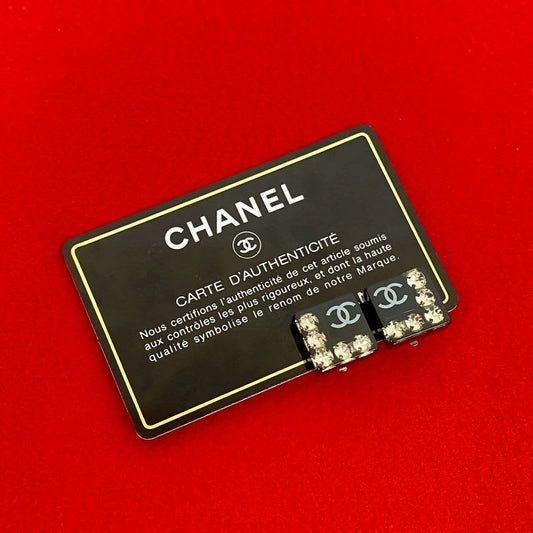 Chanel Coco Mark Rhinestone Square Earrings Ear Cuff Accessory 06P