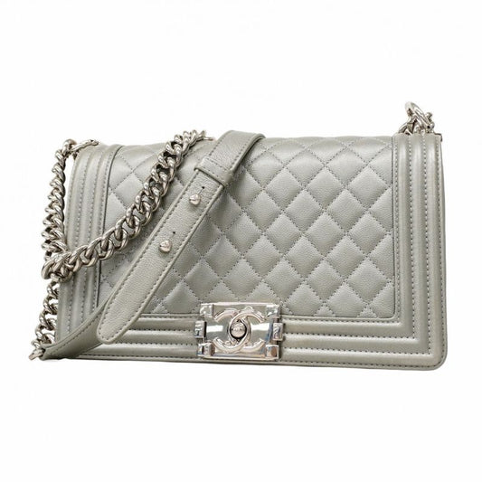 Chanel Shoulder Bag Boy Chanel Caviar Skin Gray Silver Hardware Women