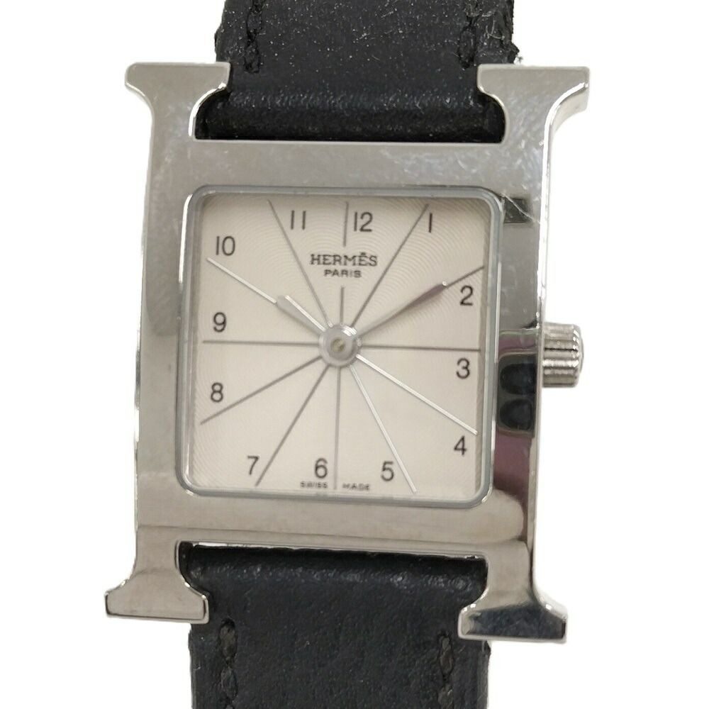 Hermes Watch Quartz SS Leather Silver Black Gray Dial
