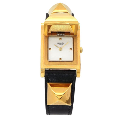 Hermes Medor Vintage Watch Pyramid Gold Studs White Black Quartz