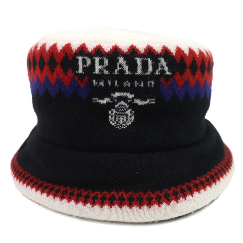 Prada 2022 1hc248 Wool Cashmere Logo Padded Knitted Bucket Hat Black White Red