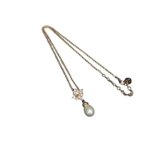 Christian Dior Necklace Pearl Gold Metal Faux Rhinestone