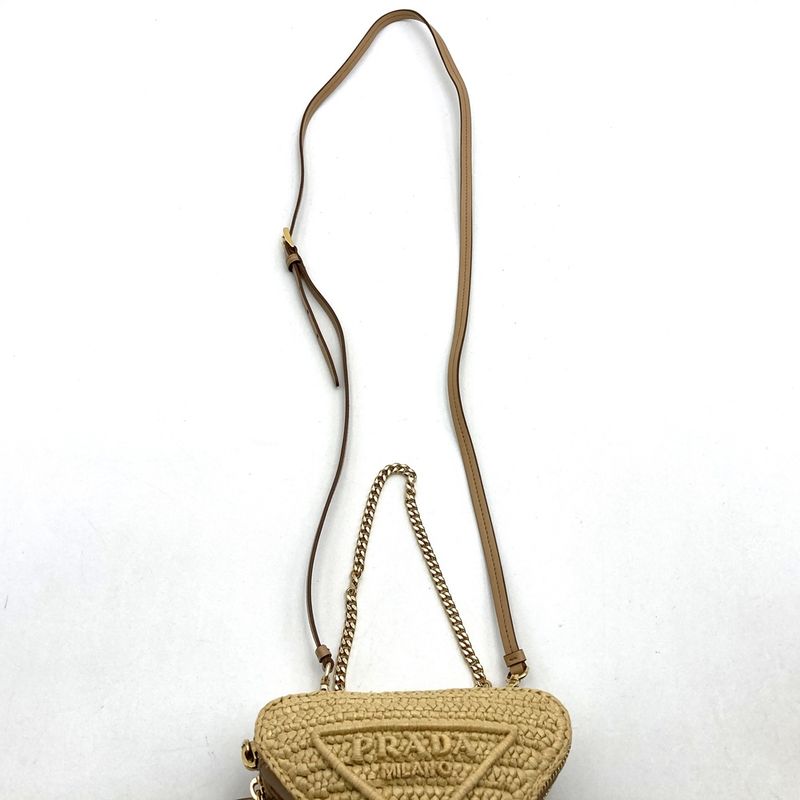 Prada Triangle Shoulder Bag Chain Bag Mini Bag 1nr015 Raffia Beige Women