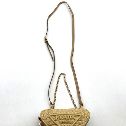 Prada Triangle Shoulder Bag Chain Bag Mini Bag 1nr015 Raffia Beige Women