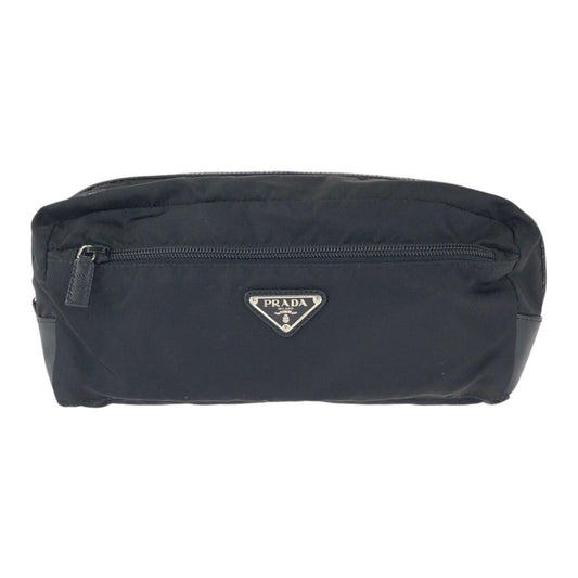 Prada Tessuto Saffiano Black Silver Nylon Leather Clutch