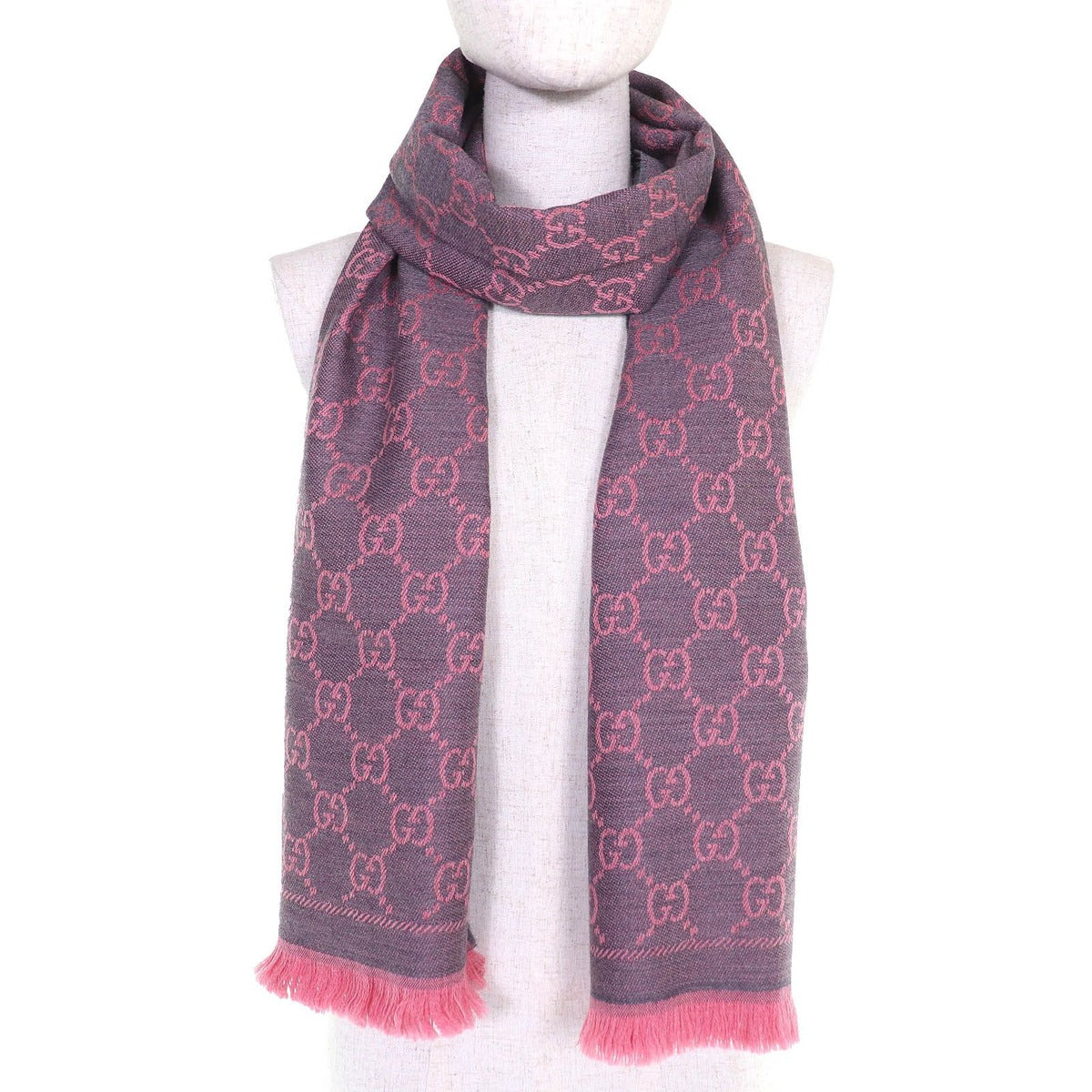 Gucci GG Wool Scarf Rose Pink Mini Fringe Shawl — view 4
