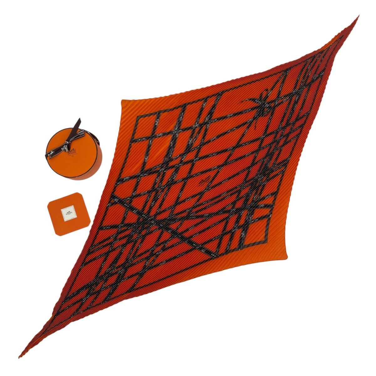 Hermes Scarf Pleated Silk Bolduc Ribbon Pattern Orange