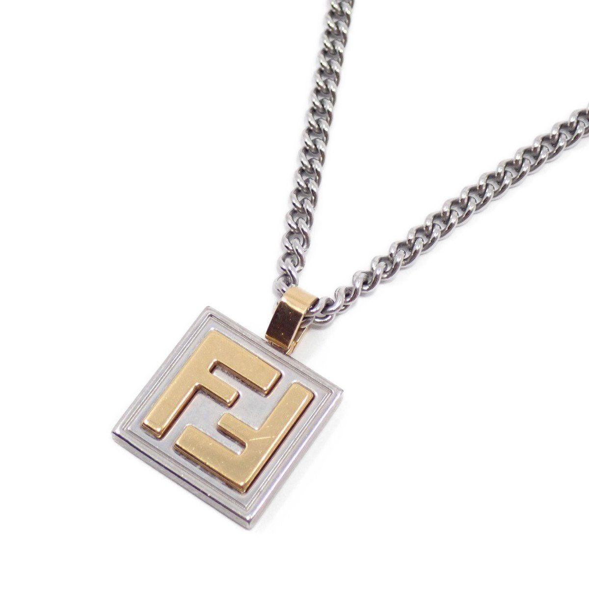 Fendi FF Logo Square Necklace Gold Color Silver