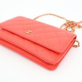 Chanel Chain Wallet Matelasse Lambskin Red Gold Hardware