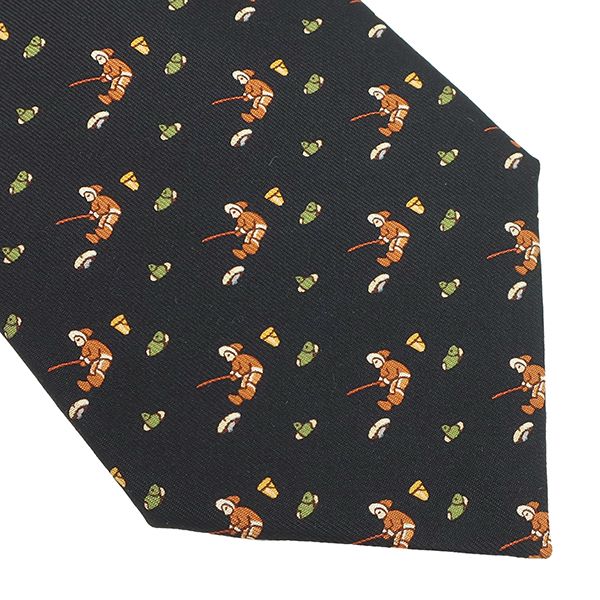 Hermes Necktie Fishing Pattern 9cm (3.54in) Silk Black and Multicolor Black