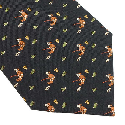 Hermes Necktie Fishing Pattern 9cm (3.54in) Silk Black and Multicolor Black