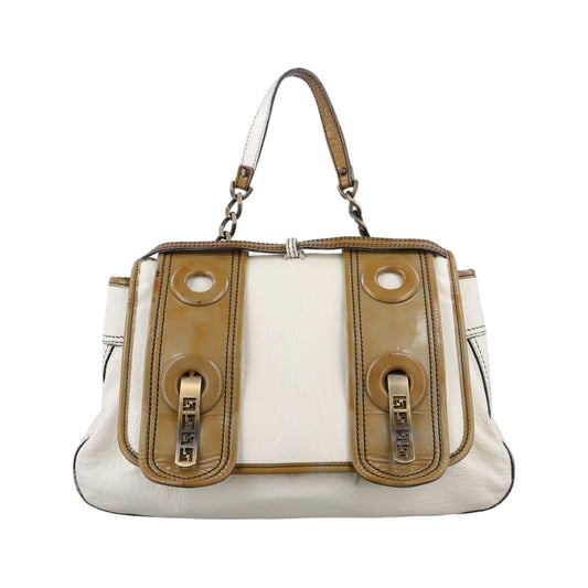 Fendi b Bag White Brown Leather Patent 001
