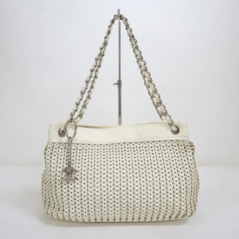 Chanel Chain Tote Leather White Silver