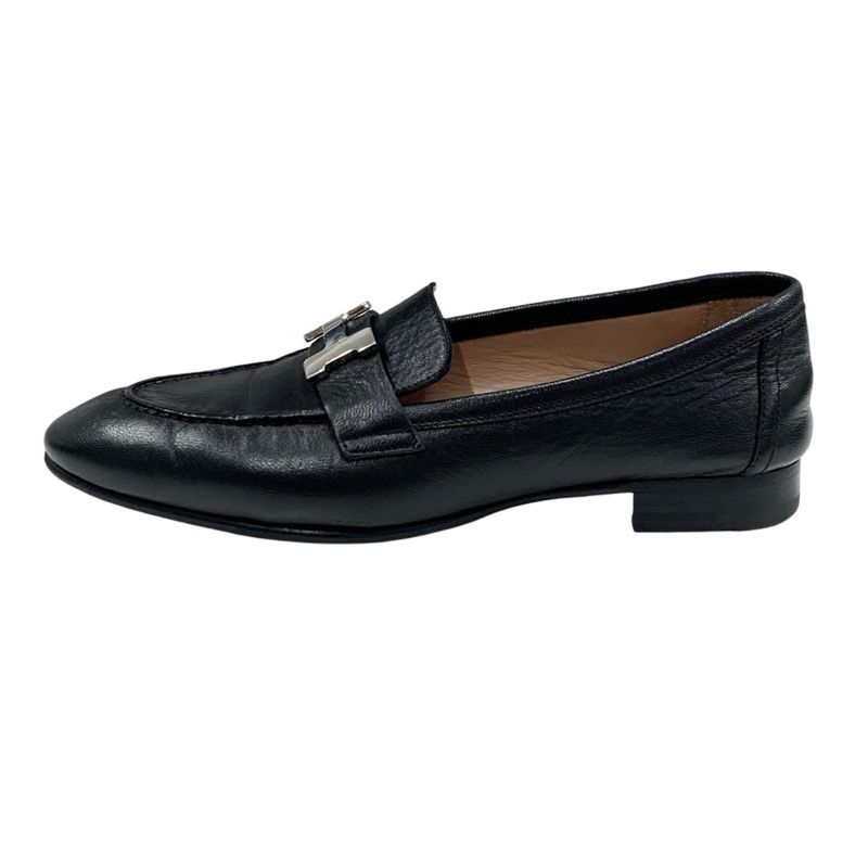 Hermes Paris Loafers Shoes Leather Black Silver Moccasins Flat Shoes Hhardware