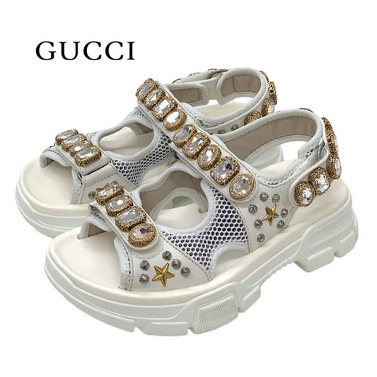 Gucci Sandals Shoes Mesh Leather White Gold Silver Sports Flat
