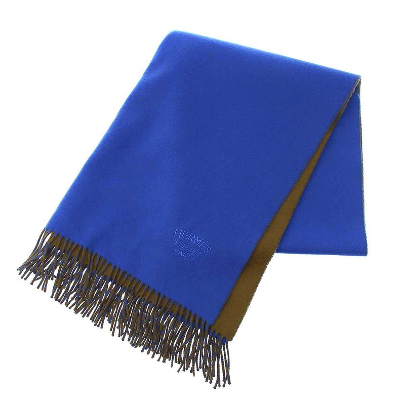 Hermes Logo Embroidery Bicolor Cashmere Fringe Scarf Blue Brown