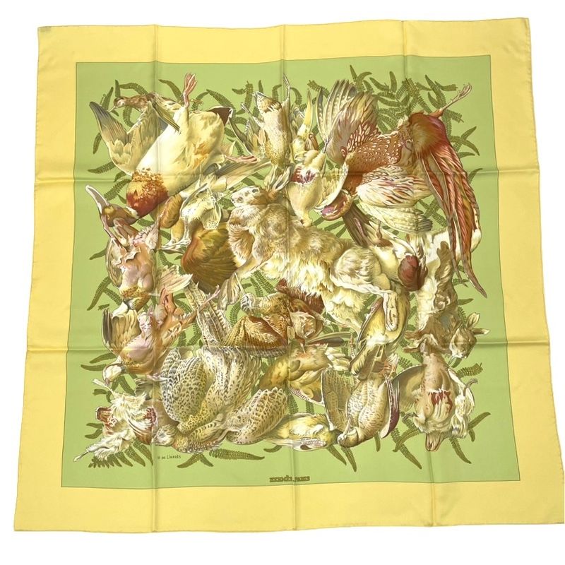 Hermes Carre 90 Scarf Linares Animals Birds Camo Yellow