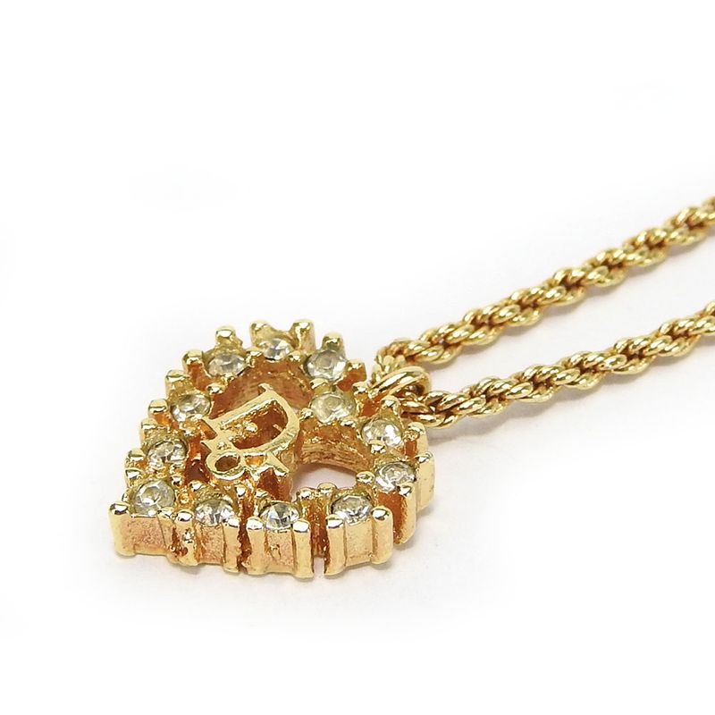 Christian Dior Necklace Metal Gold Heart Rhinestone Accessories Women Ladies