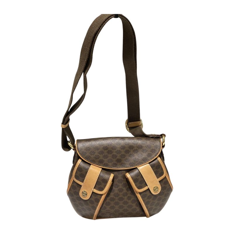 Celine ⑤ Macadam Twin Pocket Logo Button Shoulder Bag Women Brown FREE