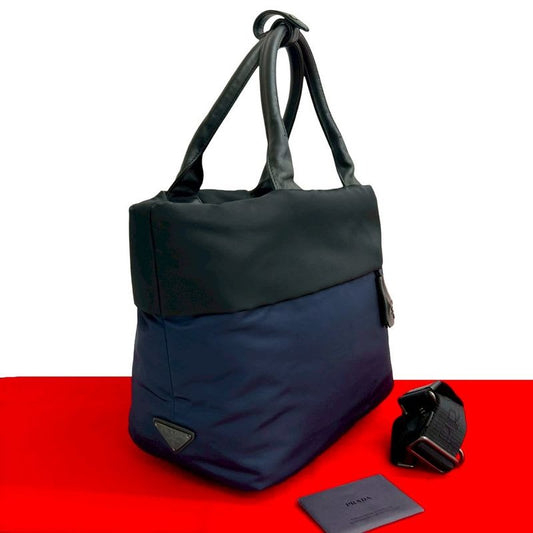 Prada Triangle Logo Hardware Nylon Leather 2-Way Tote Handbag