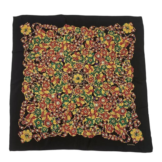 Chanel Scarf Silk Black Floral Pattern